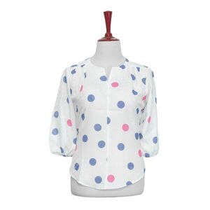 Womens Silky Blouse Polka Dot White Blue Pink 3/4 Sleeve V-Neck Casual Top Large